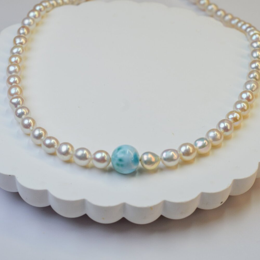 Larimar & Freshwater AK Pearl Necklace 18-20" Sterling Silver